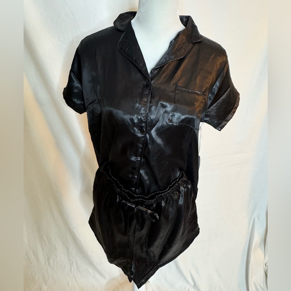 Women JV joan vass black shine two piece pajama set size M - Picture 6 of 6